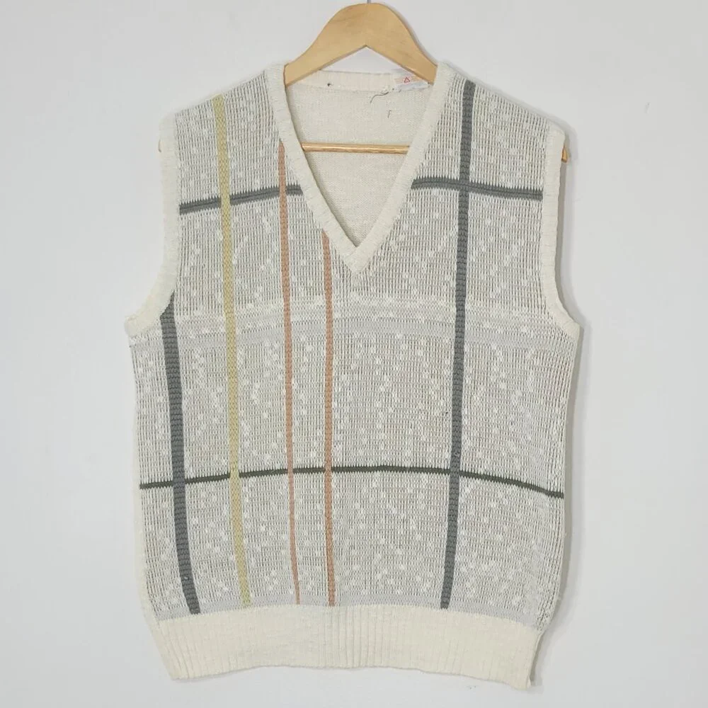 Vintage Knitted Ivory Yellow Striped Green Cotton Blend V-Neck Sleeveless Vest - Picture 3 of 10